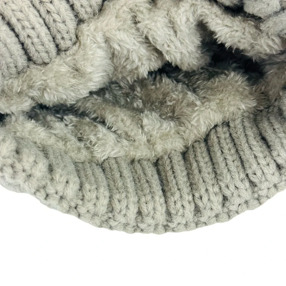 Cozycore Cable Knit Beanie Faux Fur Pom Pom Fleece Lined Winter Hat Unisex Gray‎